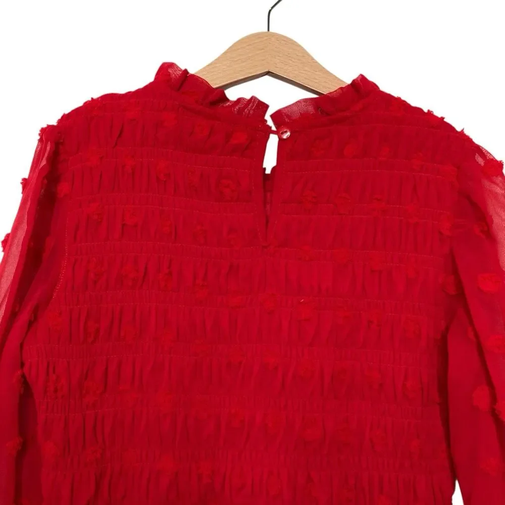 Rare Editions Red Girls' 12 Clip Dot Chiffon Smocked Dress Ruffled Neckline NWT